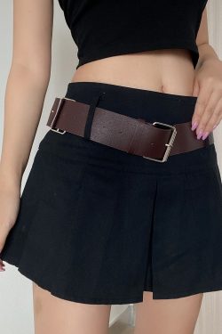 Retro Mid-Waist Pleated A-Line Skirt with Belt - Sexy Cropped Design, Anti-Exposure, European and American Style