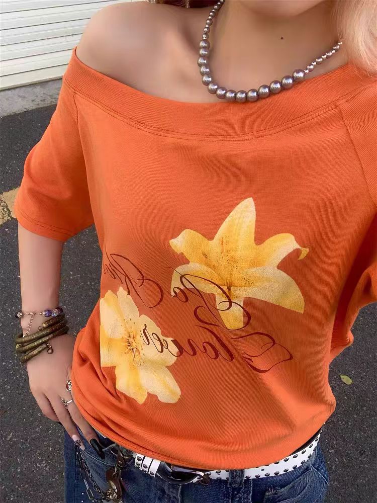 Retro Off-Shoulder Floral Print Short Sleeve T-Shirt for Women - Summer Sweet & Spicy Slim-Fit Top, American Street Style Retro Off-Shoulder Floral Print Short Sleeve T-Shirt for Women - Summer Sweet & Spicy Slim-Fit Top, American Street Style