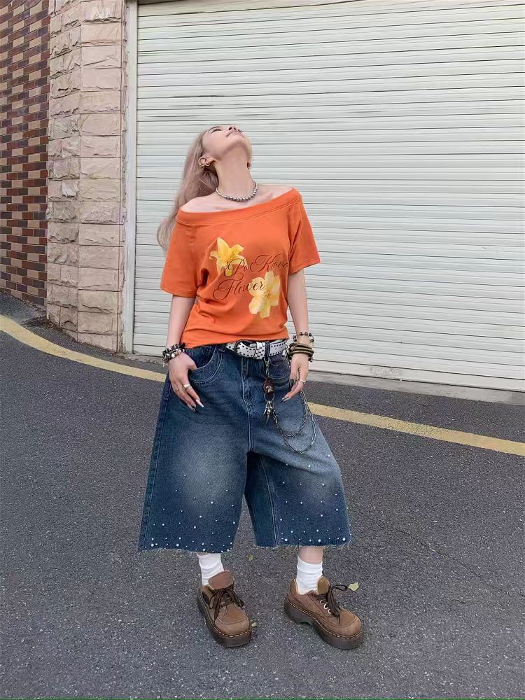 Retro Off-Shoulder Floral Print Short Sleeve T-Shirt for Women - Summer Sweet & Spicy Slim-Fit Top, American Street Style Retro Off-Shoulder Floral Print Short Sleeve T-Shirt for Women - Summer Sweet & Spicy Slim-Fit Top, American Street Style