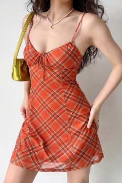 Retro Orange Plaid Camisole Dress for Women - Sexy Fitted Summer Dress in European-American Style, Ideal for 90s and Y2K Fashion
