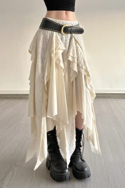 Retro Patchwork Irregular Long Skirt with Ruffles and Jacquard Texture - Women's Draped Half Skirt in Bohemian Style