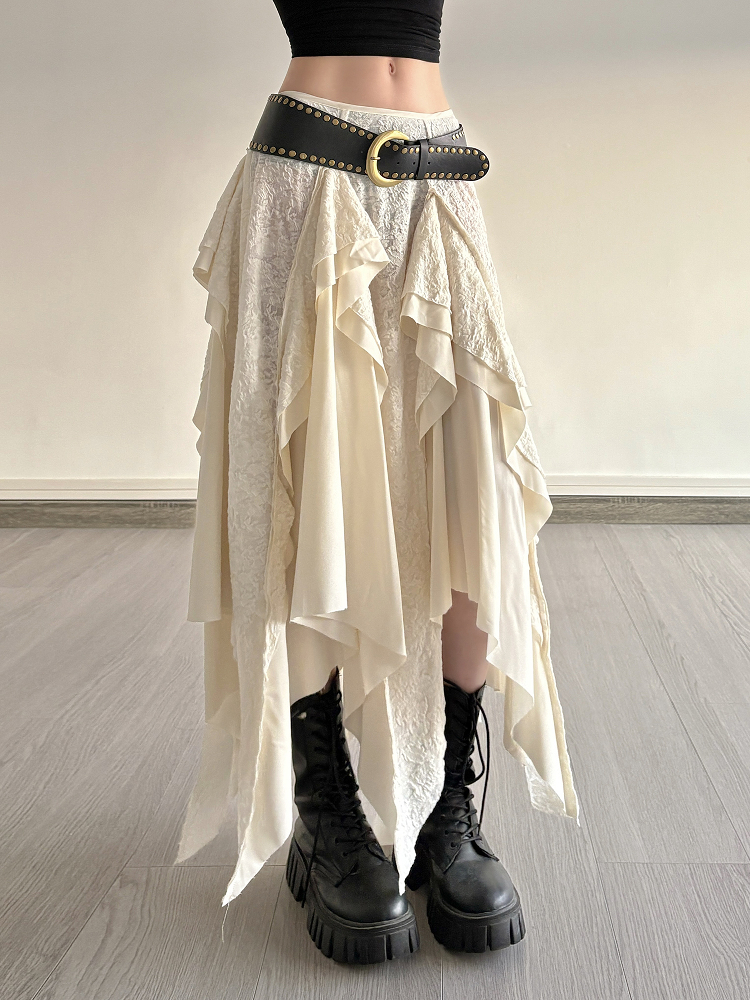 Retro Patchwork Irregular Long Skirt with Ruffles and Jacquard Texture - Women's Draped Half Skirt in Bohemian Style Retro Patchwork Irregular Long Skirt with Ruffles and Jacquard Texture - Women's Draped Half Skirt in Bohemian Style