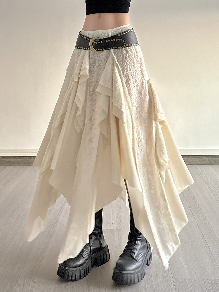 Retro Patchwork Irregular Long Skirt with Ruffles and Jacquard Texture - Women's Draped Half Skirt in Bohemian Style Retro Patchwork Irregular Long Skirt with Ruffles and Jacquard Texture - Women's Draped Half Skirt in Bohemian Style