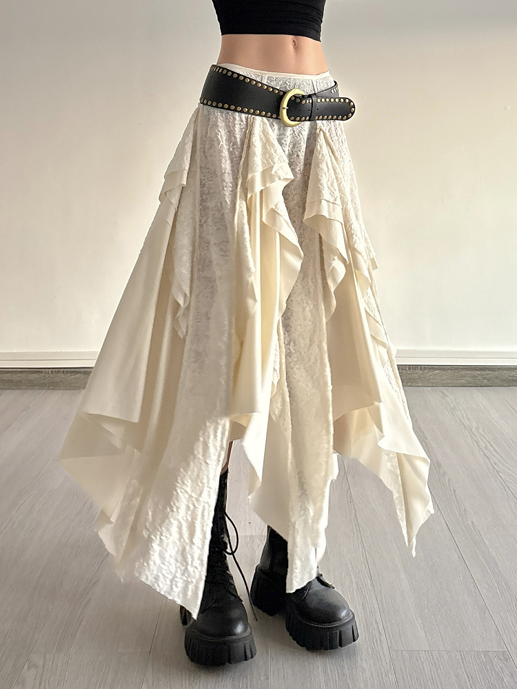 Retro Patchwork Irregular Long Skirt with Ruffles and Jacquard Texture - Women's Draped Half Skirt in Bohemian Style Retro Patchwork Irregular Long Skirt with Ruffles and Jacquard Texture - Women's Draped Half Skirt in Bohemian Style