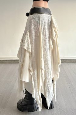 Retro Patchwork Irregular Long Skirt with Ruffles and Jacquard Texture - Women's Draped Half Skirt in Bohemian Style