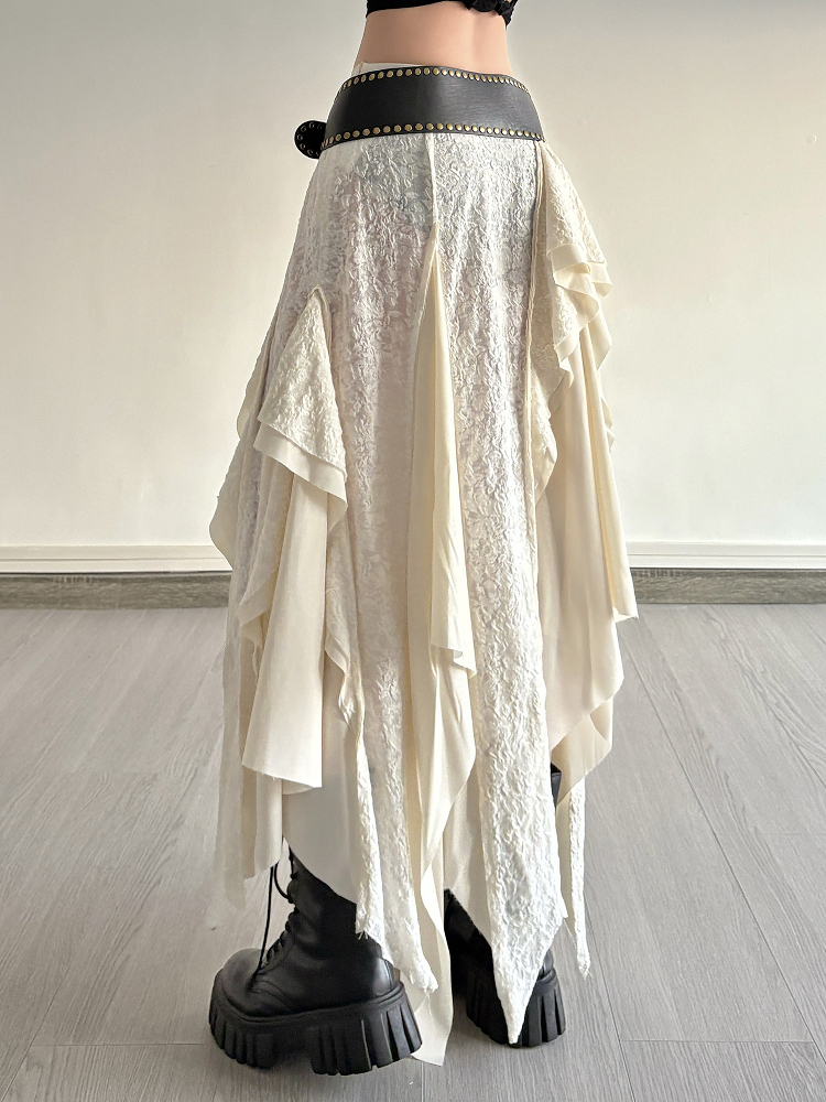 Retro Patchwork Irregular Long Skirt with Ruffles and Jacquard Texture - Women's Draped Half Skirt in Bohemian Style Retro Patchwork Irregular Long Skirt with Ruffles and Jacquard Texture - Women's Draped Half Skirt in Bohemian Style