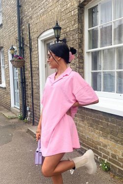 Retro Pink Polo Shirt for Women - Vintage Solid Color High Street Short Sleeve Crop Top