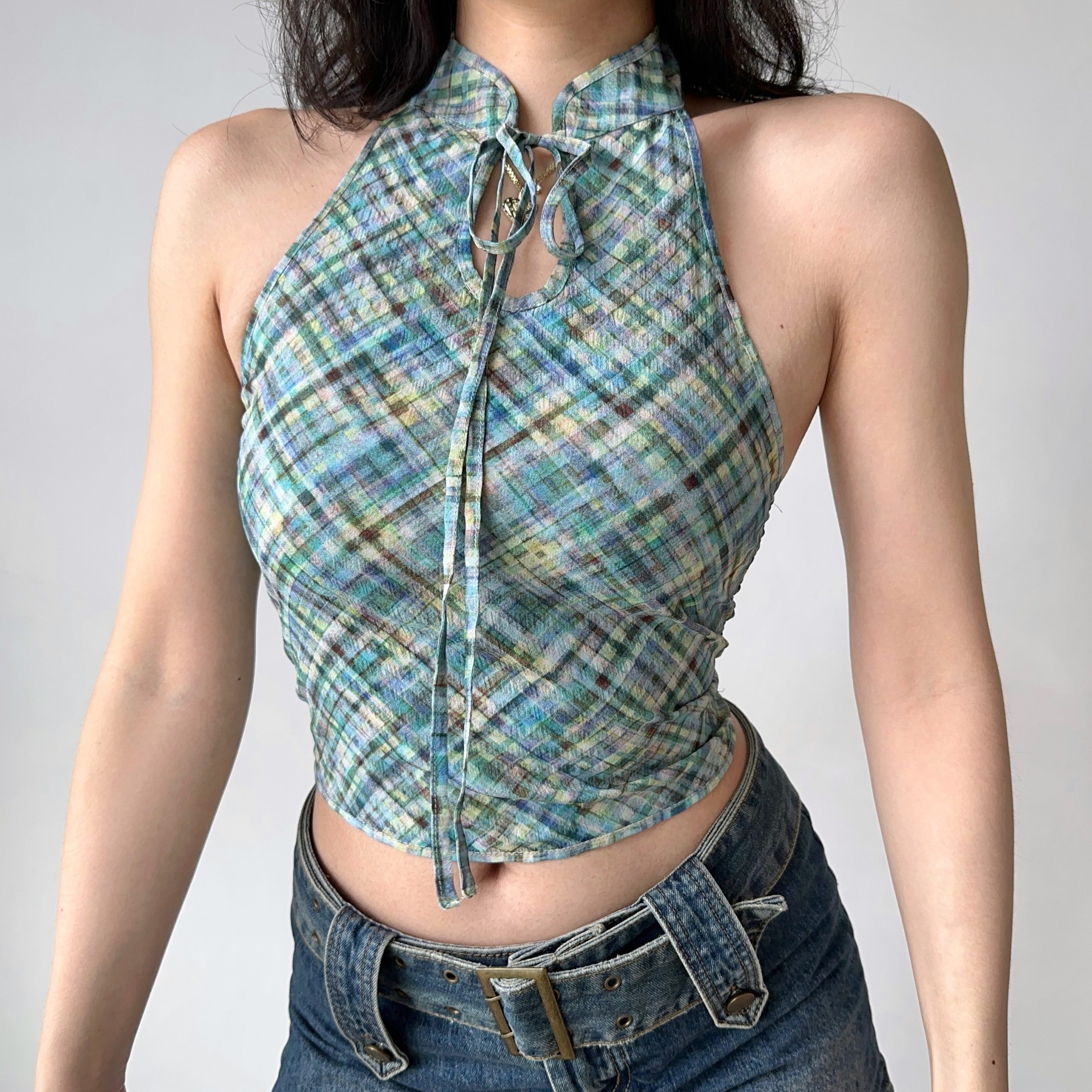 Retro Plaid Halter Neck Vest for Women - Chinese Style Backless Top - Summer Fashion - Chic Stand Collar - Sexy Short Design Retro Plaid Halter Neck Vest for Women - Chinese Style Backless Top - Summer Fashion - Chic Stand Collar - Sexy Short Design