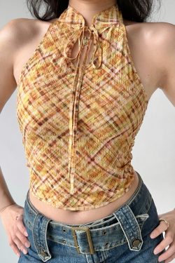 Retro Plaid Halter Neck Vest for Women - Chinese Style Backless Top - Summer Fashion - Chic Stand Collar - Sexy Short Design