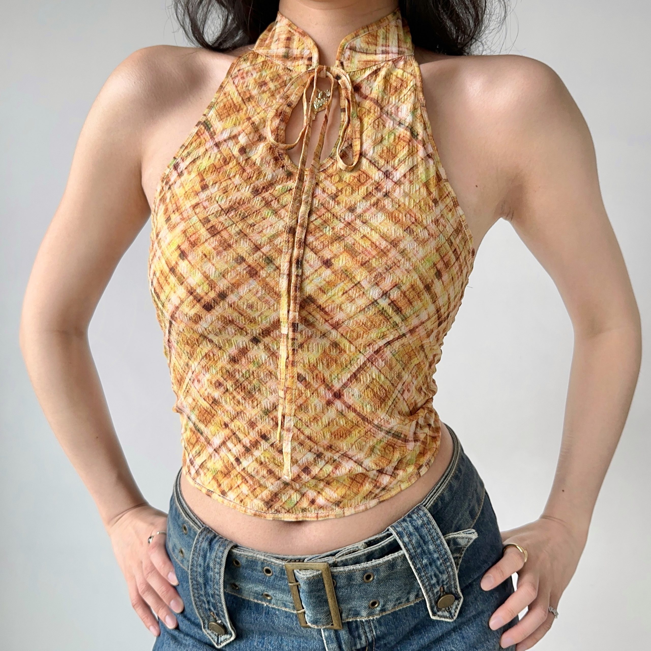 Retro Plaid Halter Neck Vest for Women - Chinese Style Backless Top - Summer Fashion - Chic Stand Collar - Sexy Short Design Retro Plaid Halter Neck Vest for Women - Chinese Style Backless Top - Summer Fashion - Chic Stand Collar - Sexy Short Design
