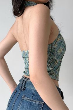 Retro Plaid Halter Neck Vest for Women - Chinese Style Backless Top - Summer Fashion - Chic Stand Collar - Sexy Short Design