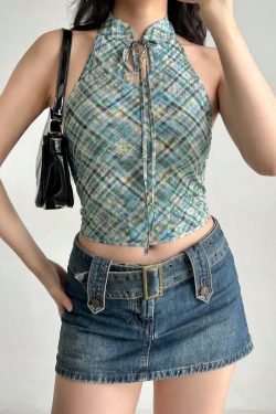 Retro Plaid Halter Neck Vest for Women - Chinese Style Backless Top - Summer Fashion - Chic Stand Collar - Sexy Short Design