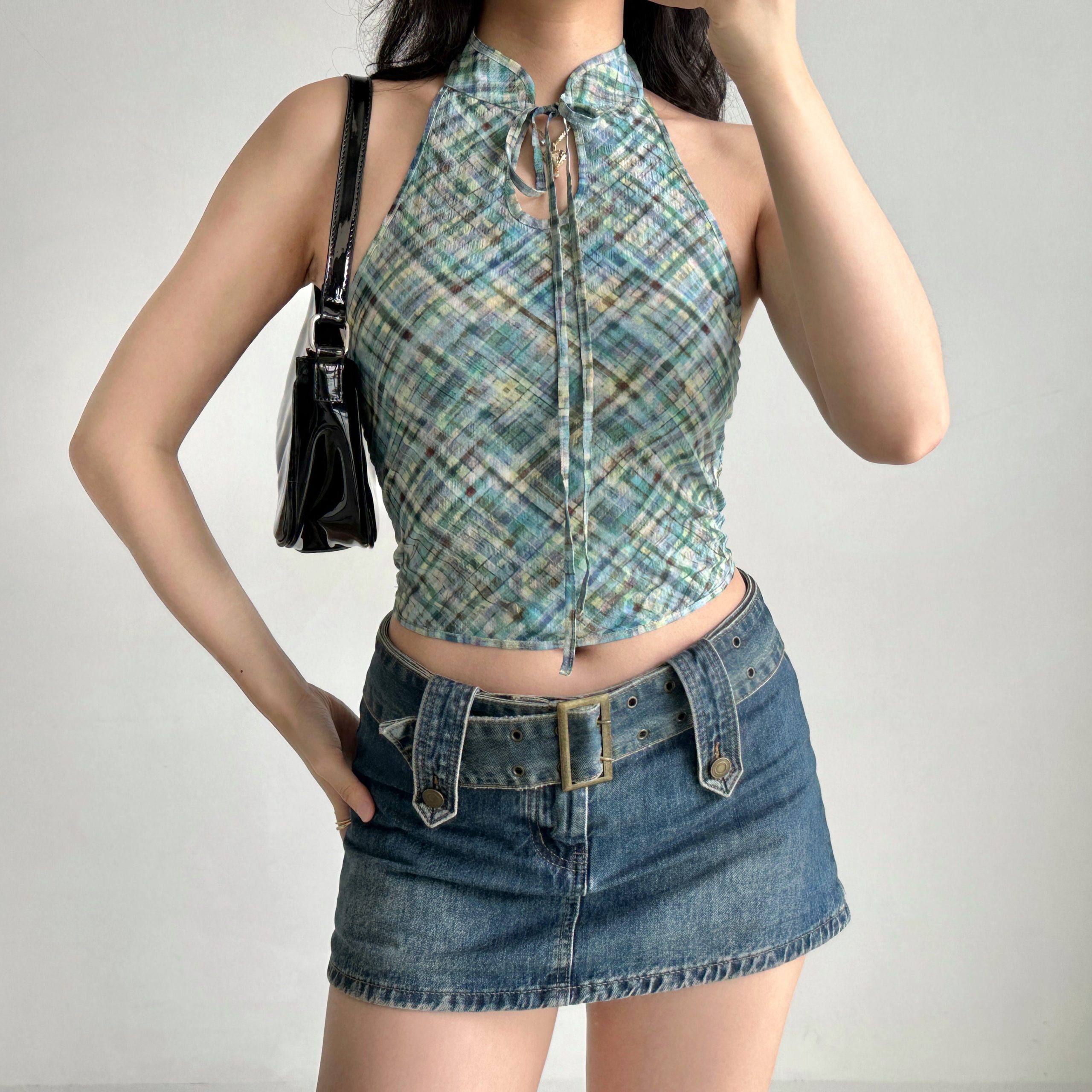 Retro Plaid Halter Neck Vest for Women - Chinese Style Backless Top - Summer Fashion - Chic Stand Collar - Sexy Short Design Retro Plaid Halter Neck Vest for Women - Chinese Style Backless Top - Summer Fashion - Chic Stand Collar - Sexy Short Design