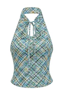 Retro Plaid Halter Neck Vest for Women - Chinese Style Backless Top - Summer Fashion - Chic Stand Collar - Sexy Short Design