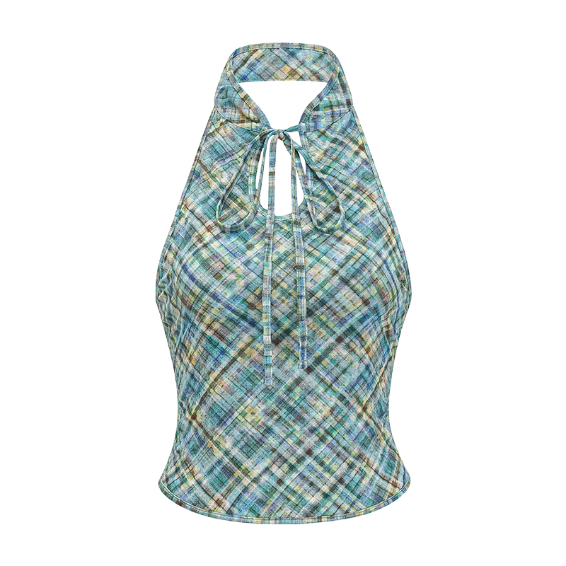 Retro Plaid Halter Neck Vest for Women - Chinese Style Backless Top - Summer Fashion - Chic Stand Collar - Sexy Short Design Retro Plaid Halter Neck Vest for Women - Chinese Style Backless Top - Summer Fashion - Chic Stand Collar - Sexy Short Design