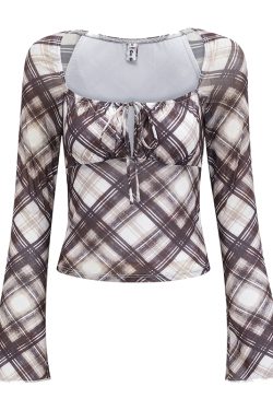Retro Plaid Tie-Up Square Collar Long Sleeve Shirt for Women - European American Style Slim Fit Top