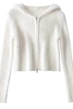 Retro Plush High-Waisted Slim Fit Hooded Knitted Cardigan Top - Cute European American Style