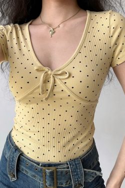 Retro Polka Dot Bow V-Neck T-Shirt for Women - Slim Fit Short Sleeve Summer Top in European American Style