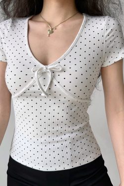 Retro Polka Dot Bow V-Neck T-Shirt for Women - Slim Fit Short Sleeve Summer Top in European American Style