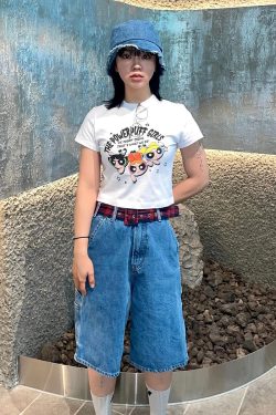 Retro Powerpuff Girls Cartoon Printed Short-Sleeve Crop Top for Women - Slim Fit, Trendy Y2K Style Sweet and Spicy Tee