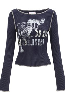 Retro Printed Long Sleeve T-shirt for Women - Slim Fit European & American Style Top, Perfect for Y2K and 90s Fashion