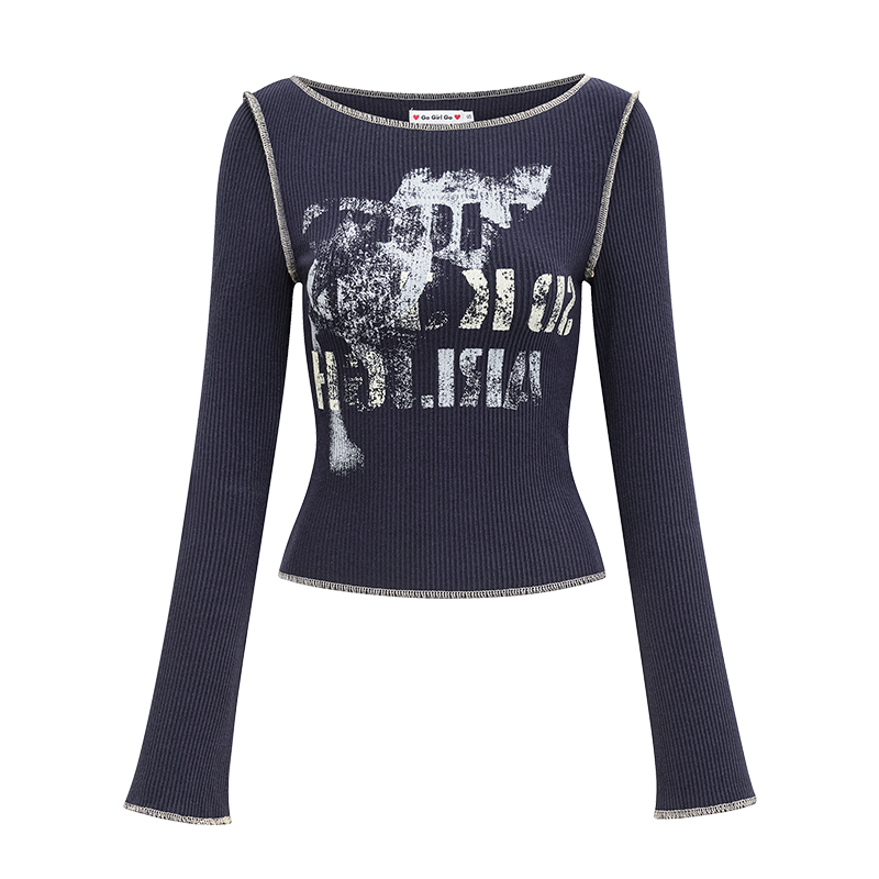 Retro Printed Long Sleeve T-shirt for Women - Slim Fit European & American Style Top, Perfect for Y2K and 90s Fashion Retro Printed Long Sleeve T-shirt for Women - Slim Fit European & American Style Top, Perfect for Y2K and 90s Fashion