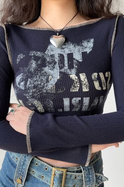 Retro Printed Long Sleeve T-shirt for Women - Slim Fit European & American Style Top, Perfect for Y2K and 90s Fashion