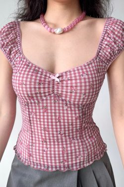 Retro Printed Plaid Puff Sleeve T-Shirt for Women - Slim Fit Short Sleeve Top in European and American Style, Trendy Hot Girl Fashion