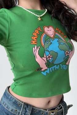 Retro Printed Round Neck Short Sleeve T-Shirt for Women - European American Style, High-Waisted Trendy Top