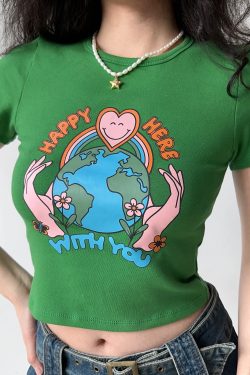 Retro Printed Round Neck Short Sleeve T-Shirt for Women - European American Style, High-Waisted Trendy Top