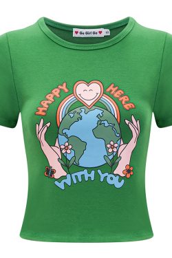 Retro Printed Round Neck Short Sleeve T-Shirt for Women - European American Style, High-Waisted Trendy Top