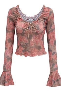 Retro Printed V-Neck Bell Sleeve Top - Women's Slim Fit Short Long Sleeve T-Shirt in European and American Style, 90s Inspired