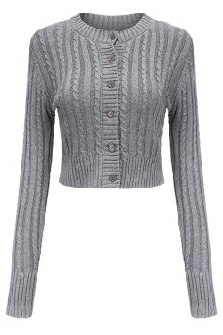 Retro Round Neck Cable Knit Cardigan for Women - Slim Fit Short Style with Ultra-Long Sleeves - European & American Fashion