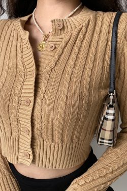 Retro Round Neck Cable Knit Cardigan for Women - Slim Fit Short Style with Ultra-Long Sleeves - European & American Fashion