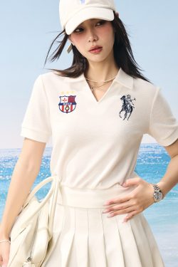 Retro Seagull Collar Embroidered Short Sleeve Polo Shirt in Jersey Towel Fabric - Vintage-Inspired, Casual Style for Everyday Wear