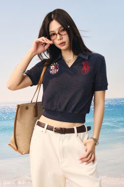 Retro Seagull Collar Embroidered Short Sleeve Polo Shirt in Jersey Towel Fabric - Vintage-Inspired, Casual Style for Everyday Wear