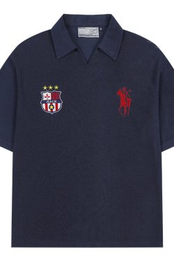 Retro Seagull Collar Embroidered Short Sleeve Polo Shirt in Jersey Towel Fabric - Vintage-Inspired, Casual Style for Everyday Wear