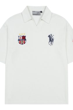 Retro Seagull Collar Embroidered Short Sleeve Polo Shirt in Jersey Towel Fabric - Vintage-Inspired, Casual Style for Everyday Wear