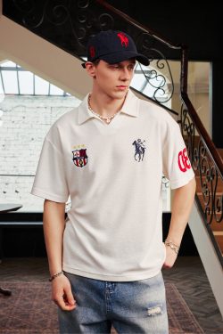 Retro Seagull Collar Embroidered Short Sleeve Polo Shirt in Jersey Towel Fabric - Vintage-Inspired, Casual Style for Everyday Wear