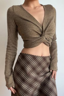 Retro Sexy V-Neck One-Piece Tie High-Waisted Short Slim-Fit Long Sleeve Knit Top for Y2K and 90s Fashion Lovers