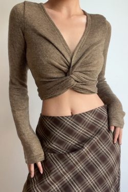 Retro Sexy V-Neck One-Piece Tie High-Waisted Short Slim-Fit Long Sleeve Knit Top for Y2K and 90s Fashion Lovers