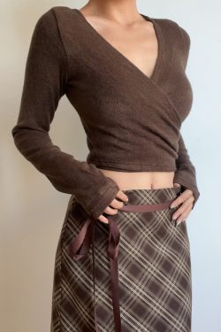 Retro Sexy V-Neck One-Piece Tie High-Waisted Short Slim-Fit Long Sleeve Knit Top for Y2K and 90s Fashion Lovers