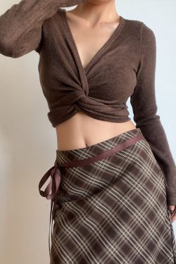 Retro Sexy V-Neck One-Piece Tie High-Waisted Short Slim-Fit Long Sleeve Knit Top for Y2K and 90s Fashion Lovers