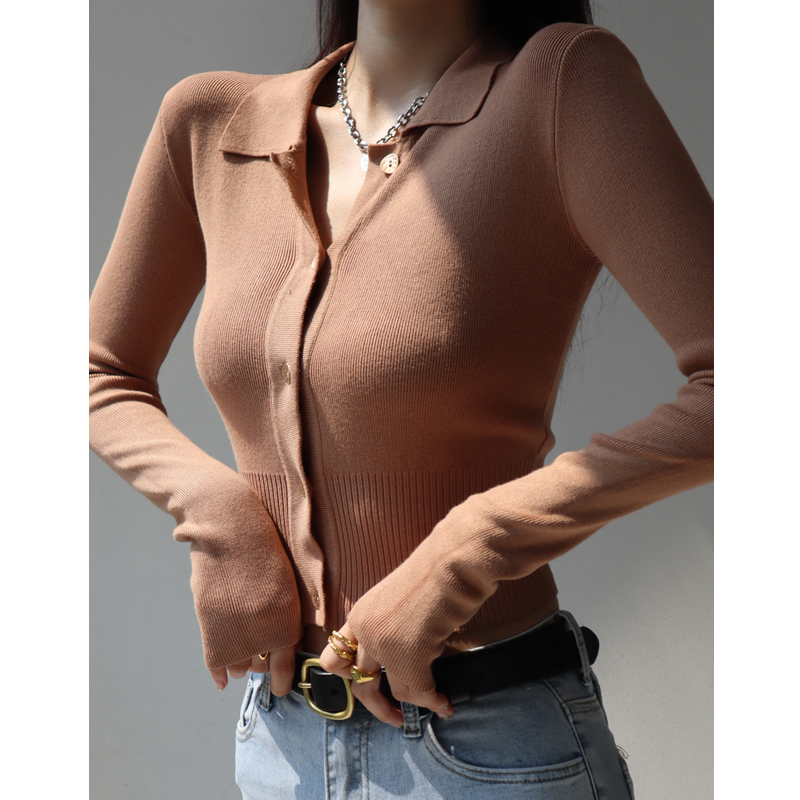 Retro Slim-Fit Long Sleeve Knitted Cardigan Top with Polo Collar and Tie Waist for Women - Y2K Style Retro Slim-Fit Long Sleeve Knitted Cardigan Top with Polo Collar and Tie Waist for Women - Y2K Style