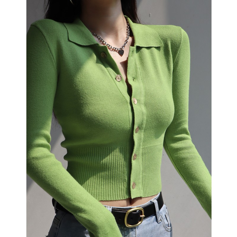 Retro Slim-Fit Long Sleeve Knitted Cardigan Top with Polo Collar and Tie Waist for Women - Y2K Style Retro Slim-Fit Long Sleeve Knitted Cardigan Top with Polo Collar and Tie Waist for Women - Y2K Style