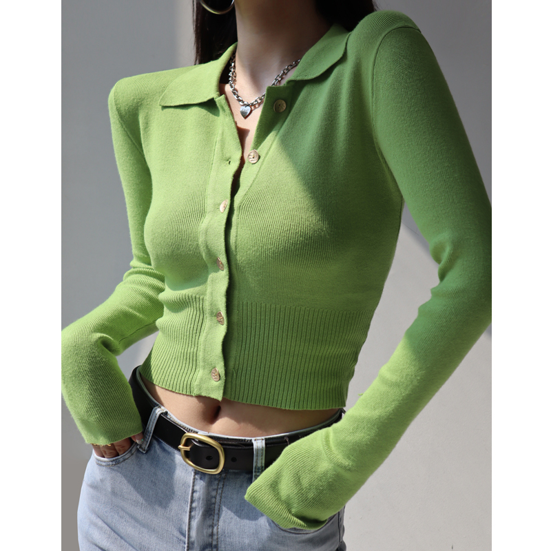 Retro Slim-Fit Long Sleeve Knitted Cardigan Top with Polo Collar and Tie Waist for Women - Y2K Style Retro Slim-Fit Long Sleeve Knitted Cardigan Top with Polo Collar and Tie Waist for Women - Y2K Style