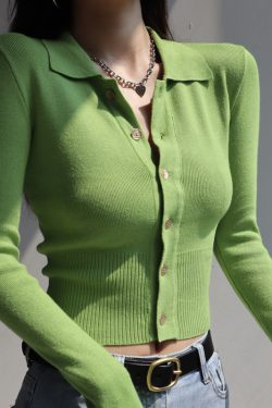 Retro Slim-Fit Long Sleeve Knitted Cardigan Top with Polo Collar and Tie Waist for Women - Y2K Style
