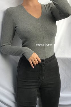 Retro Small V-Neck Slim Fit Solid Color Ribbed Long Sleeve T-Shirt Top - Comfortable Casual Fashion for Y2K and 90s Style