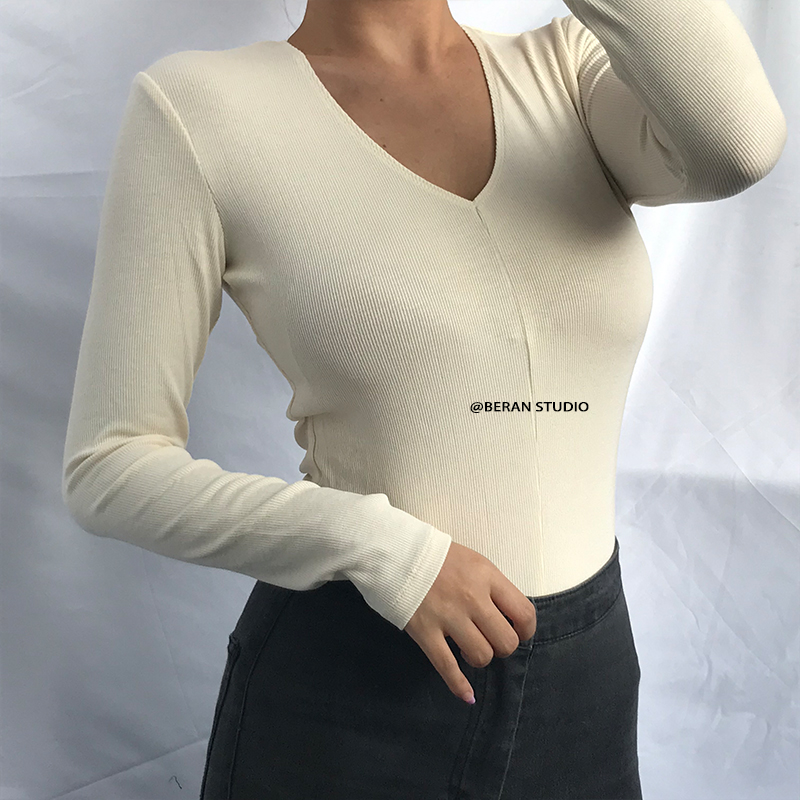 Retro Small V-Neck Slim Fit Solid Color Ribbed Long Sleeve T-Shirt Top - Comfortable Casual Fashion for Y2K and 90s Style Retro Small V-Neck Slim Fit Solid Color Ribbed Long Sleeve T-Shirt Top - Comfortable Casual Fashion for Y2K and 90s Style