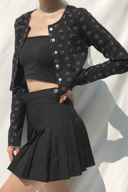 Retro Smiley Face Print Long Sleeve Cardigan T-Shirt Top with Round Neck, High Waist, and Short Hem – Cute Y2K Style Fashion